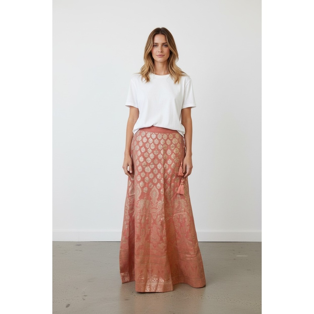 Rangmanch Peach Coral Gold Paisley Maxi Metallic Fringe Accent Skirt NWT Sz S